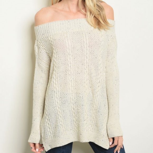 Trend Setter Diva Boutique Sweaters - Oatmeal off the shoulder knit sweater.